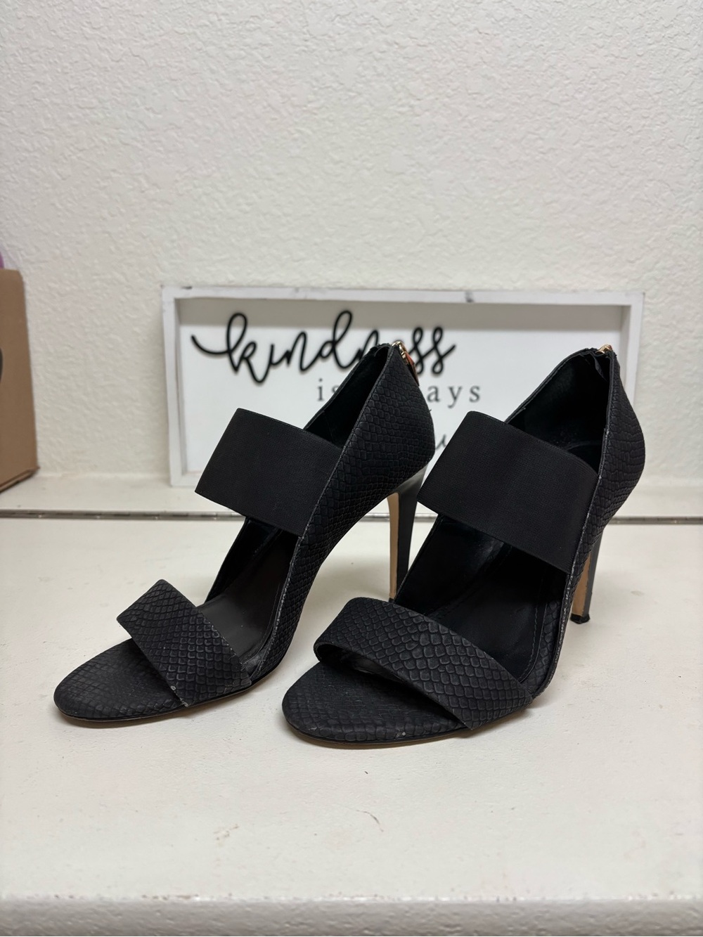 Calvin Klein Black Textured Open-Toe Stiletto Sandals